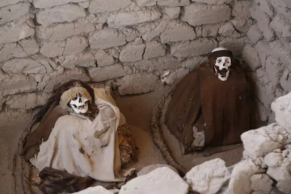 Ancient mummies at Chauchilla Cemetery in Ica, Peru.
