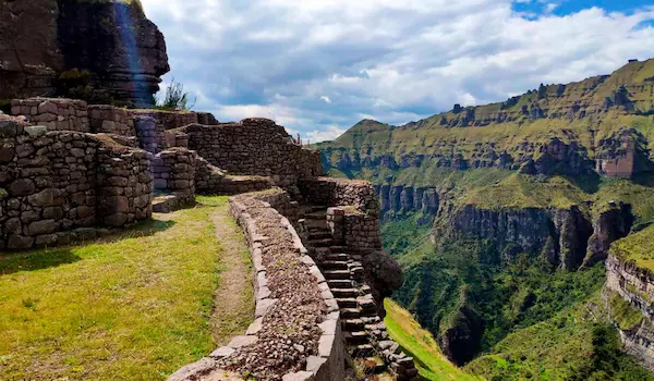 Ancient Inca ruins along a trekking trail in the Peruvian Andes.